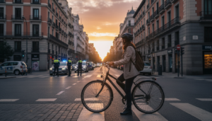 Ciclista con e-bike legal esperando en semáforo en España