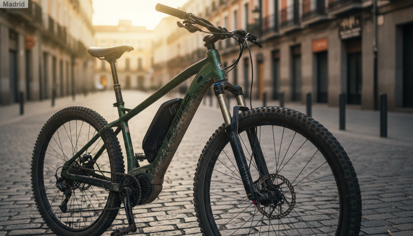 Bicicleta eléctrica segunda mano aparcada en Madrid