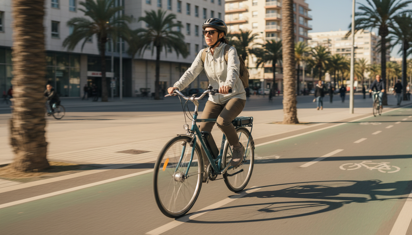 Ciclista probando bicicleta eléctrica de segunda mano en entorno urbano
