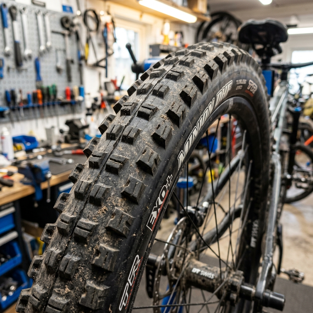 Detalle del compuesto y tacos del neumático e-MTB